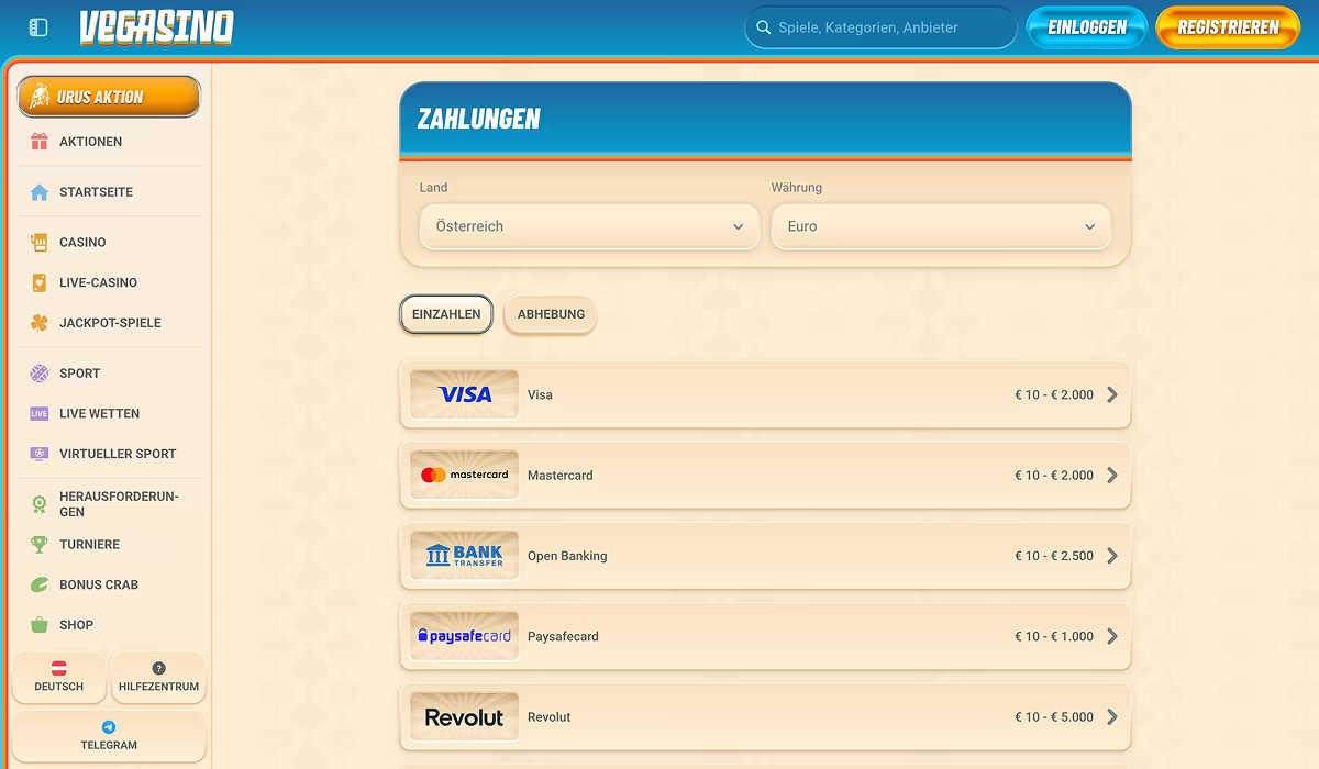 Vegasino Zahlungsmethoden