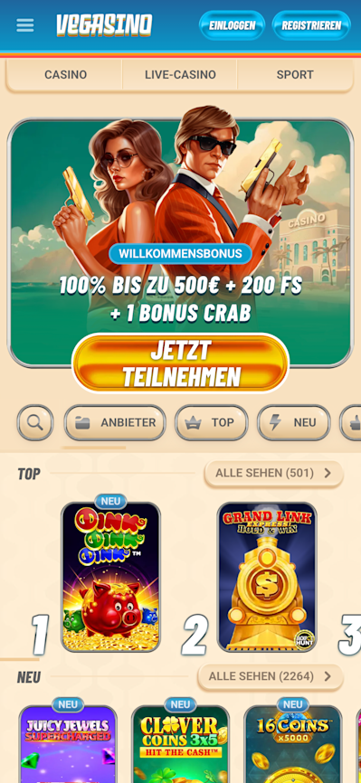 Vegasino mobile Ansicht