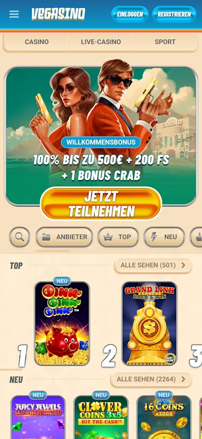 Vegasino mobile Ansicht