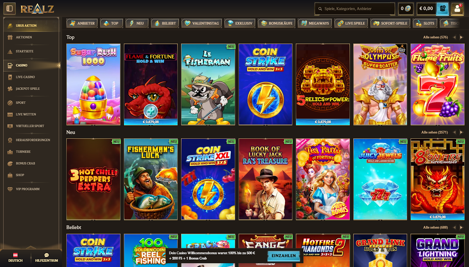 Screenshot of the game lobby at Realz