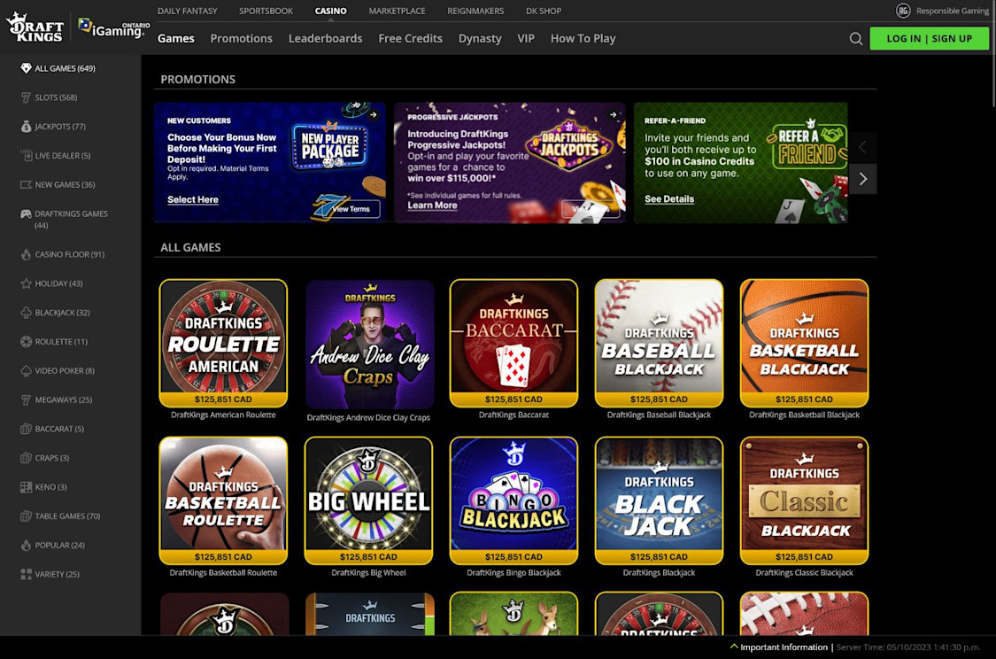 DraftKings Ontario homepage on a desktop device