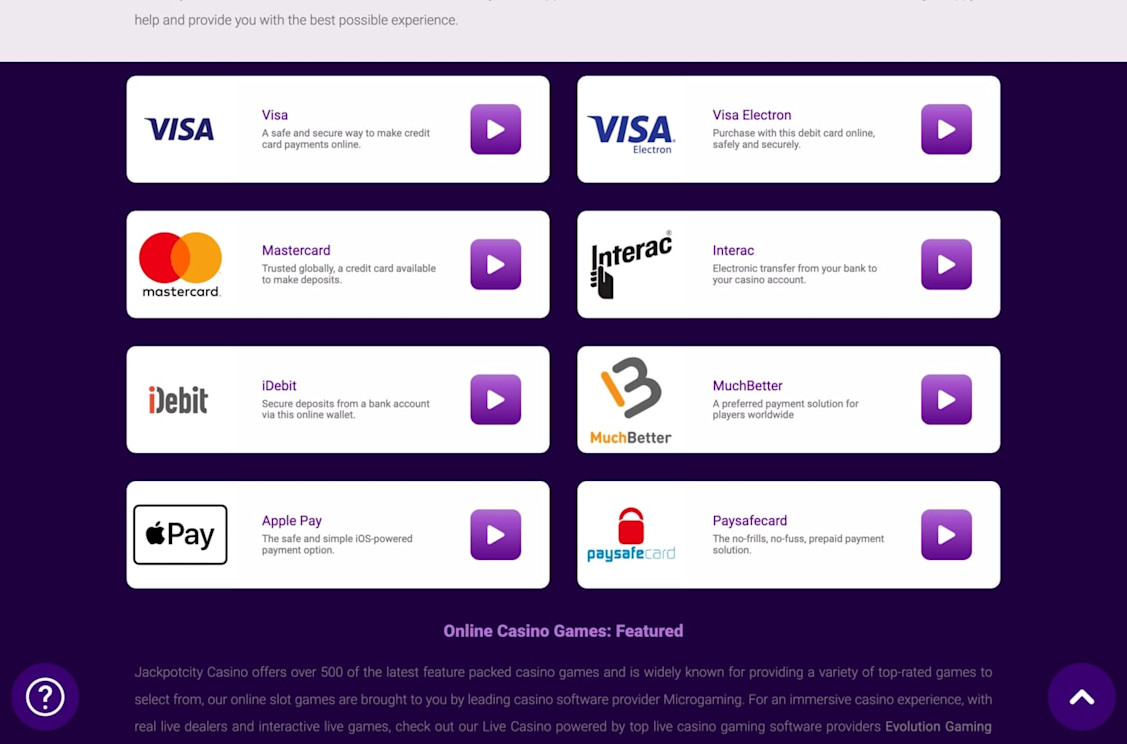 JackpotCity deposit methods