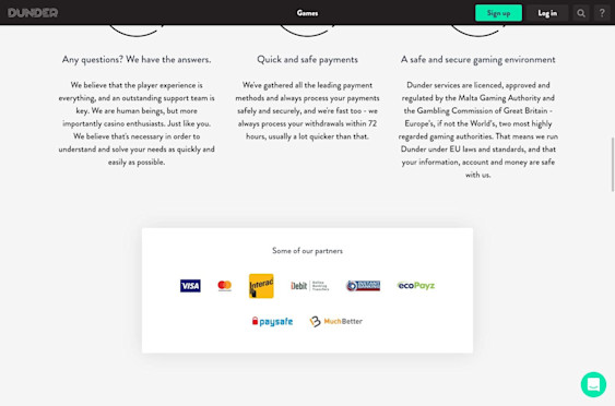 Dunder Casino deposit methods