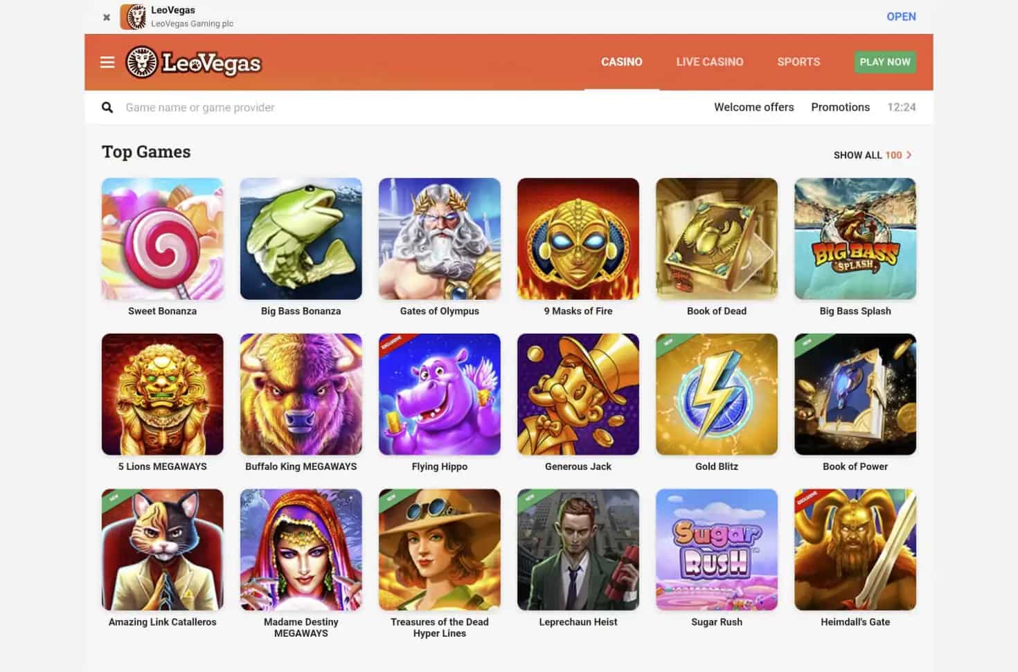 LeoVegas desktop site showcasing the top slot games available for real money or free play