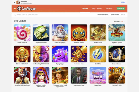 LeoVegas desktop site showcasing the top slot games available for real money or free play