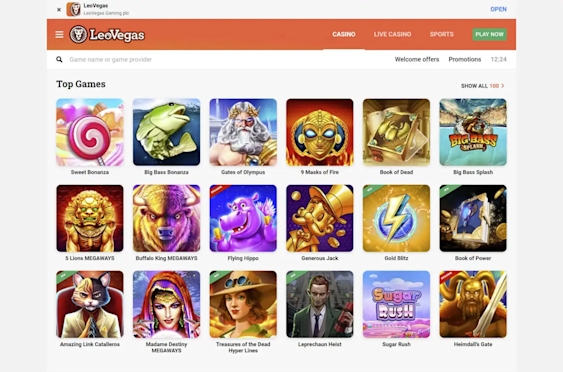 LeoVegas desktop site showcasing the top slot games available for real money or free play