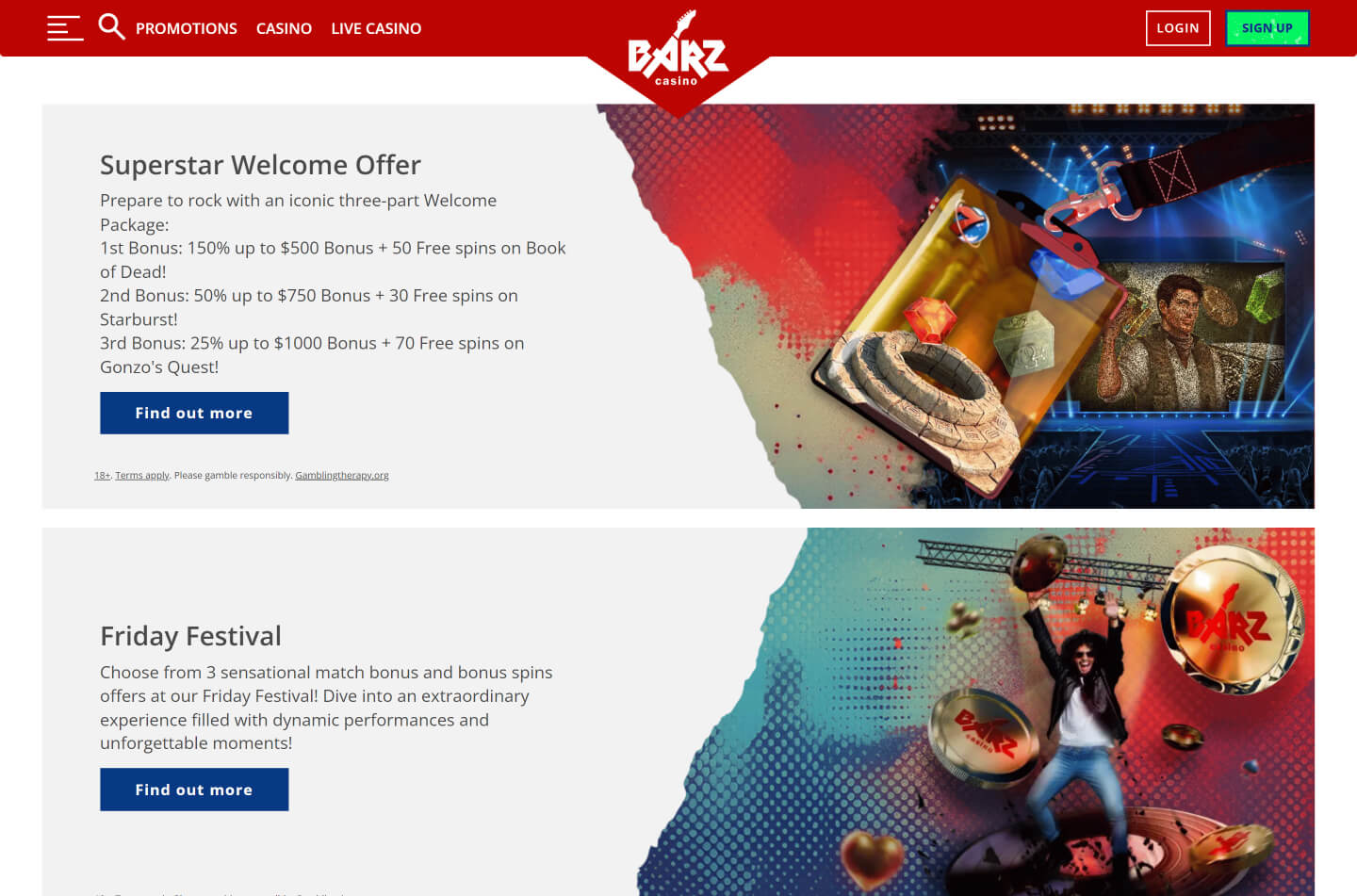 Barz Casino game lobby interface showing slots