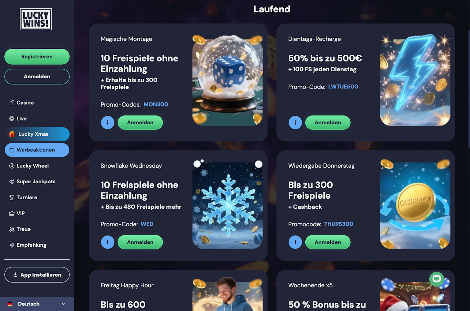 bonus page with various offers