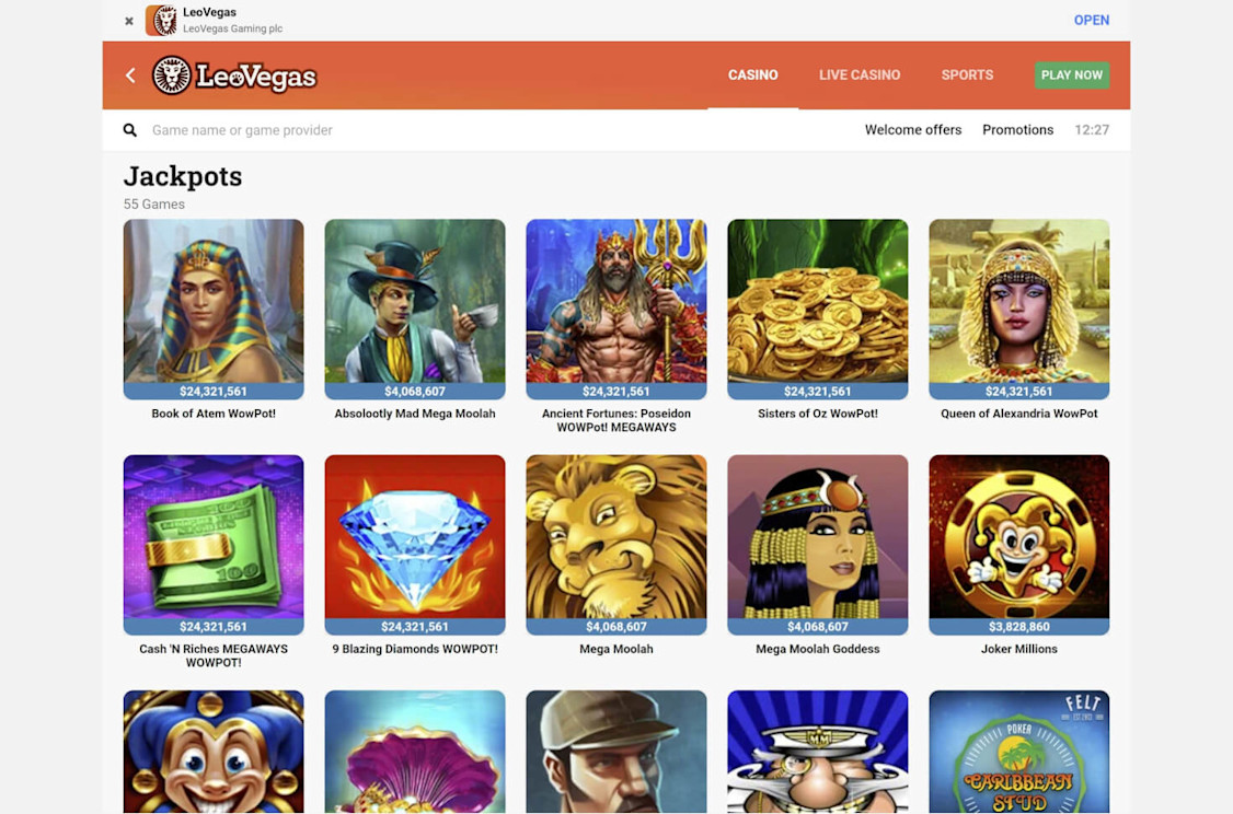 LeoVegas desktop site showcasing the slot games with the biggest jackpots