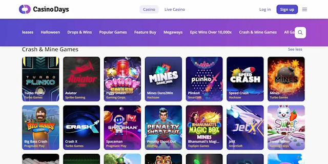 Showcase of the crash and mine games at Casino days