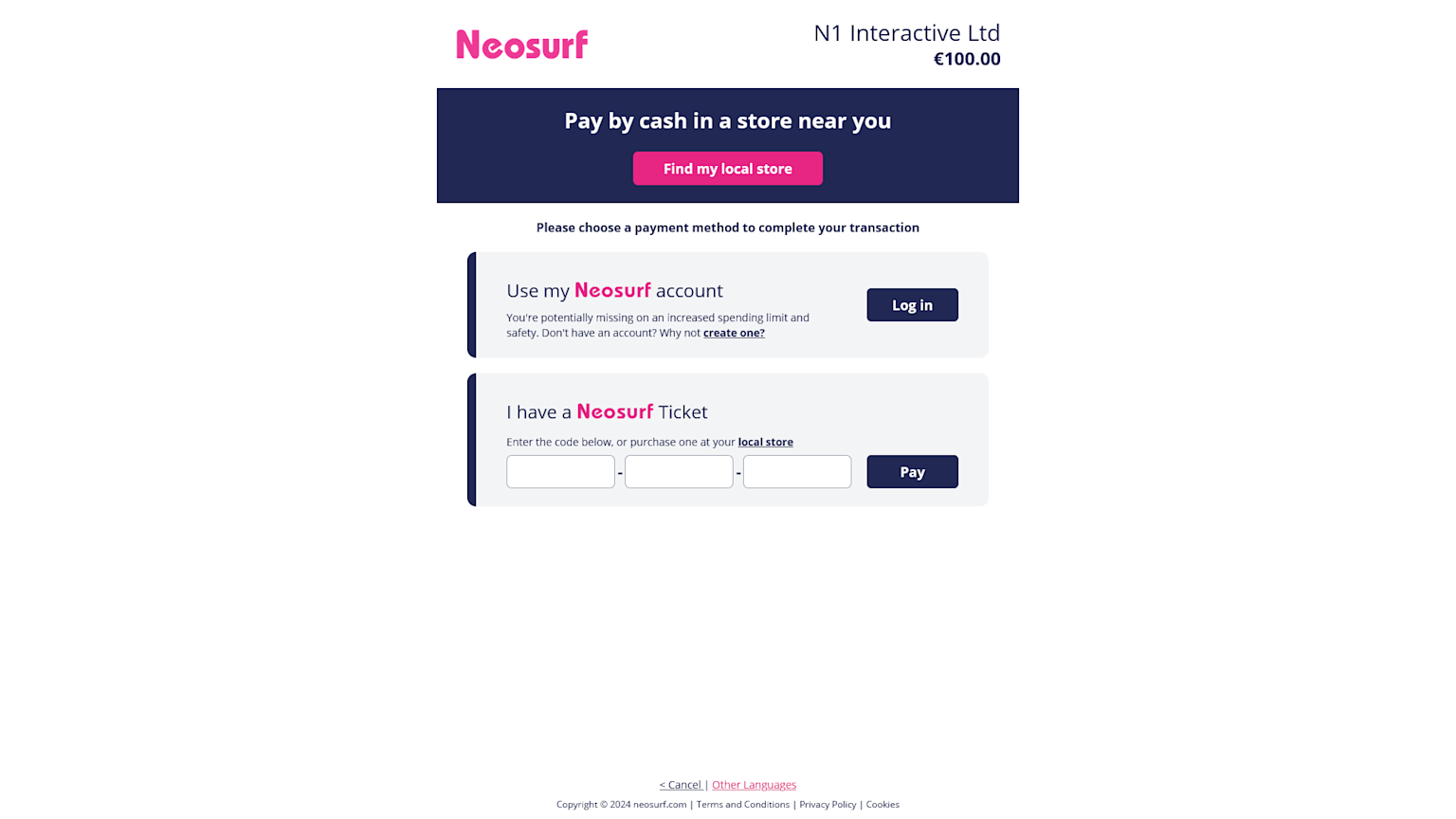 Screenshot of how to enter a Neosurf code