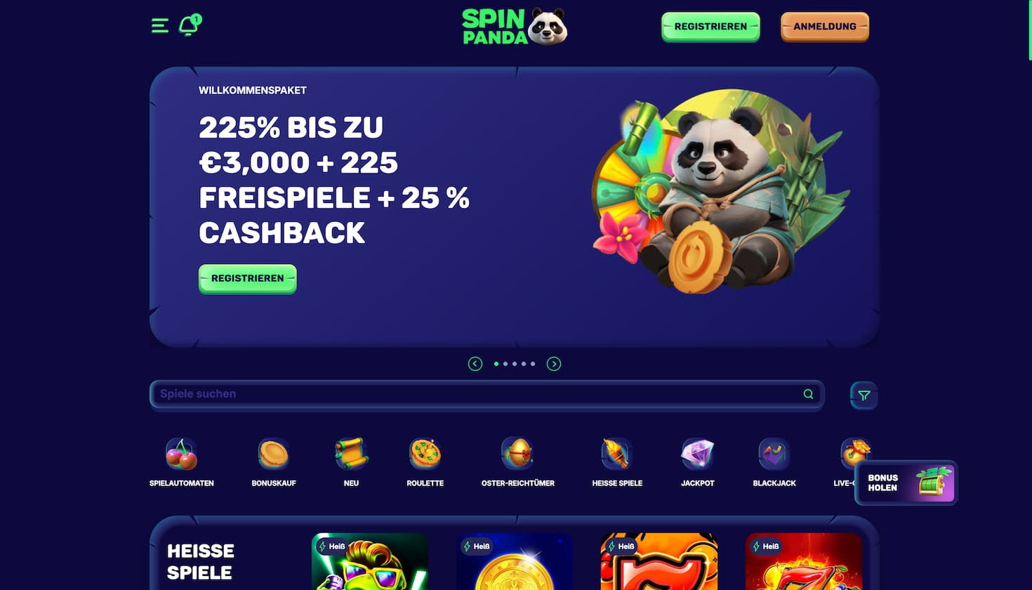 Die Startseite des SpinPanda Casinos