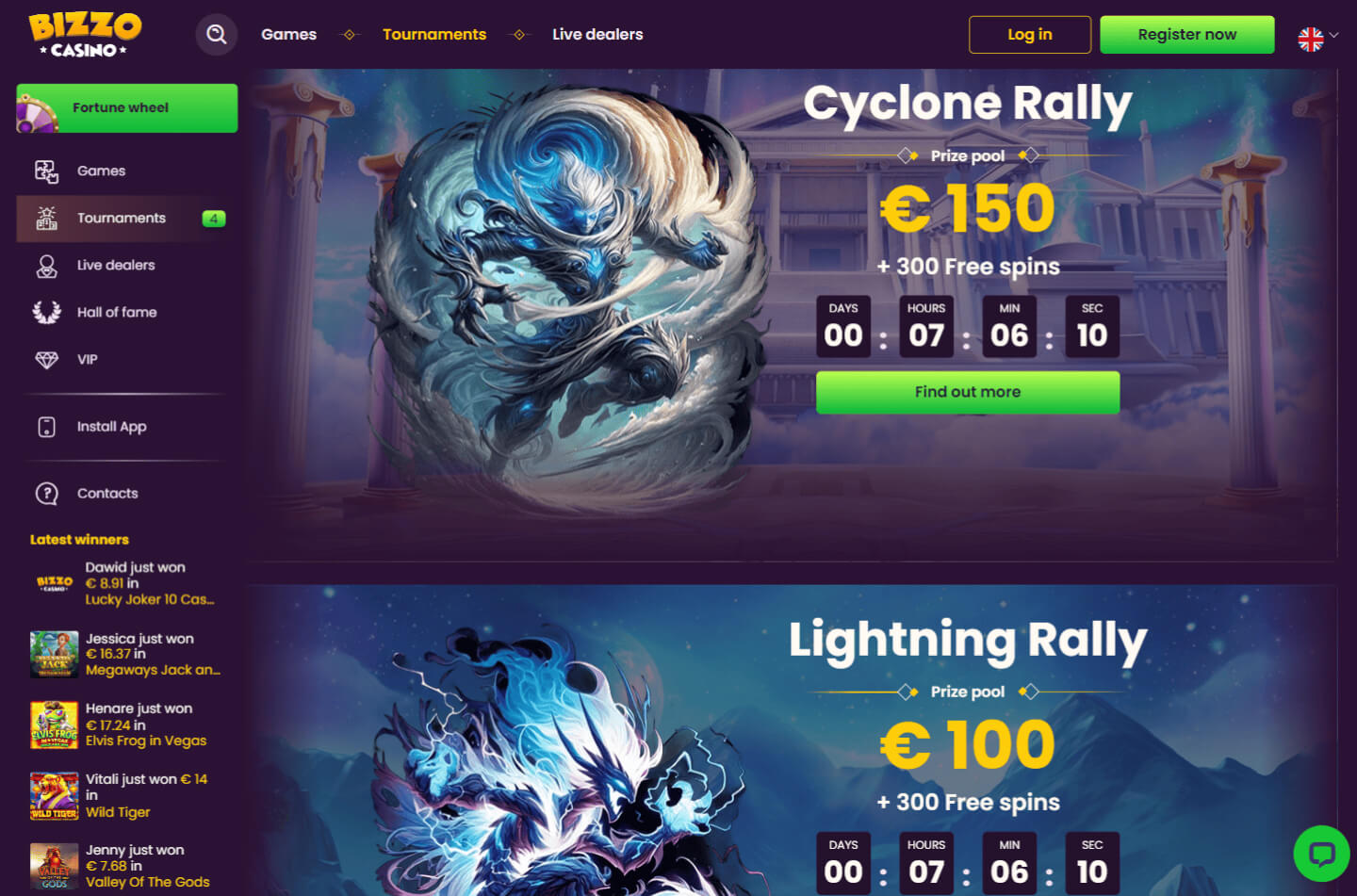 Képernyőkép a Bizzo Casino játékterméről, számos különböző nyerőgéppel és élő kaszinó opcióval