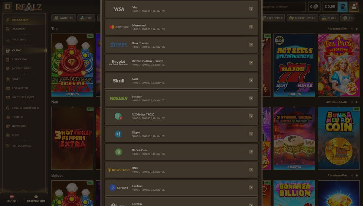 Screenshot of how to withdraw money at Realz casino