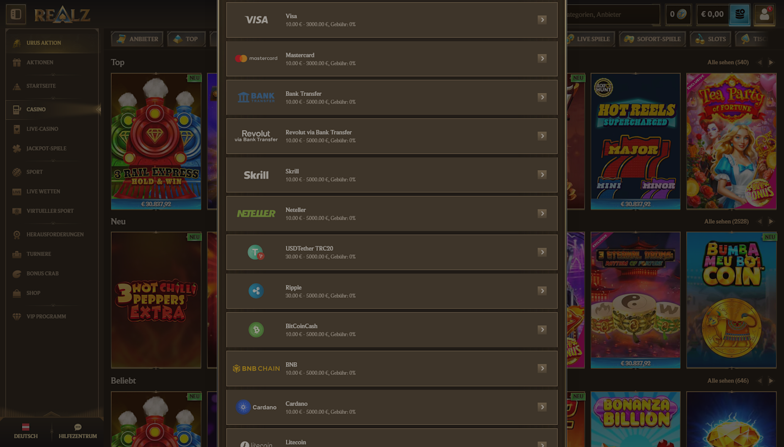 Screenshot of how to withdraw money at Realz casino