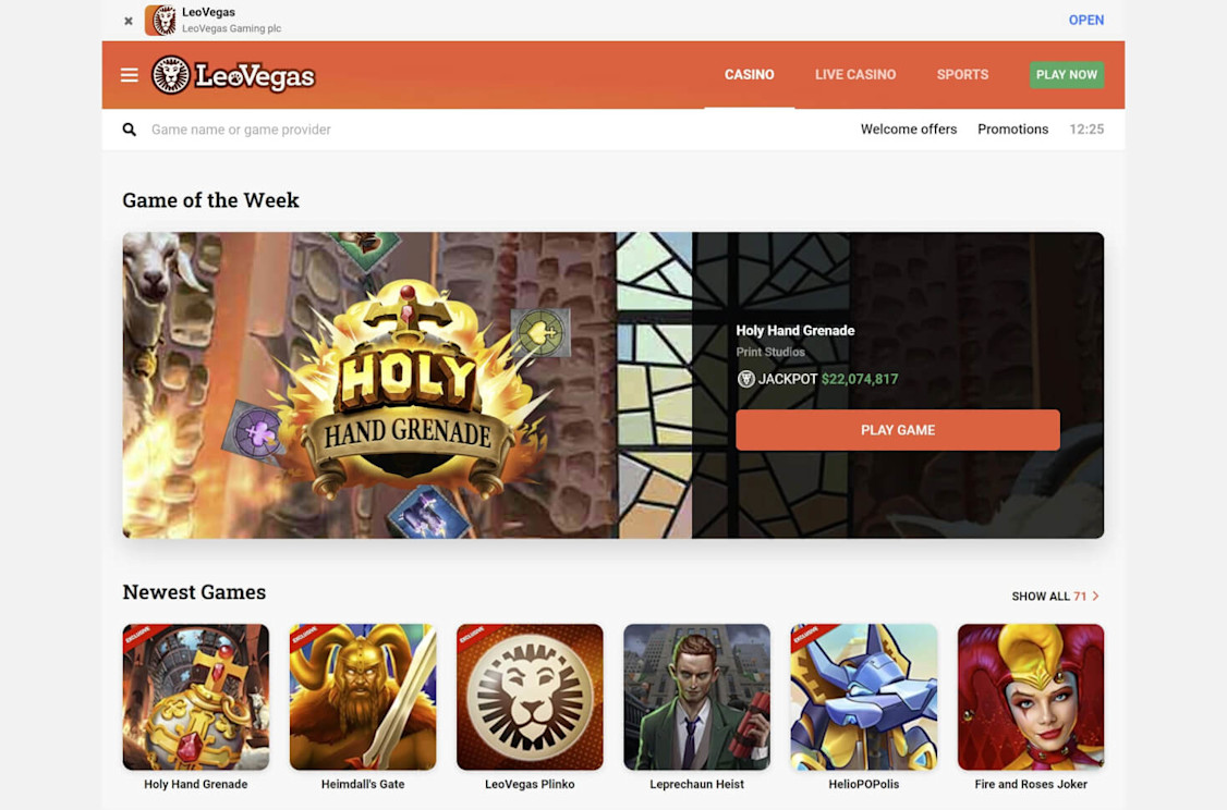 LeoVegas desktop site showcasing the top slot games of the week