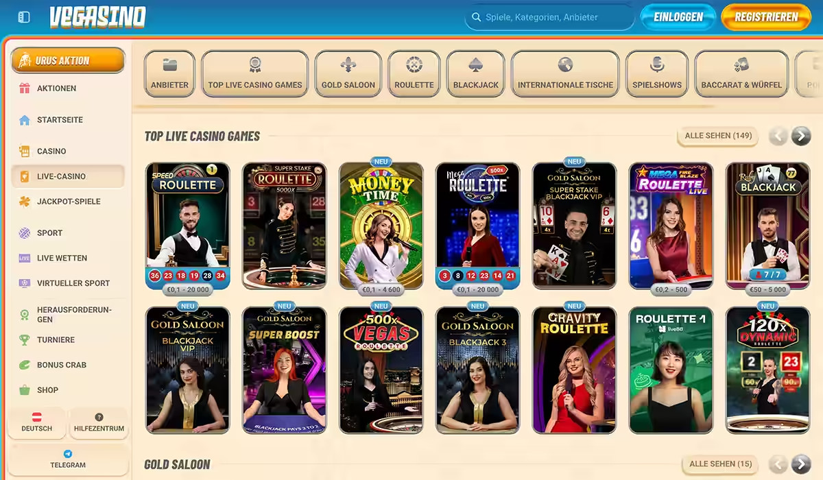 Vegasino Live Casino Lobby