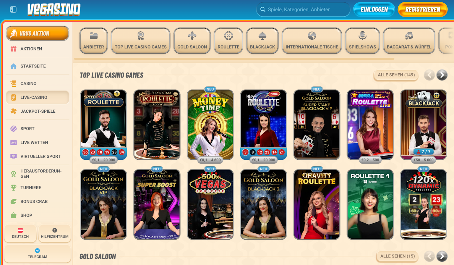 Vegasino Live Casino Lobby