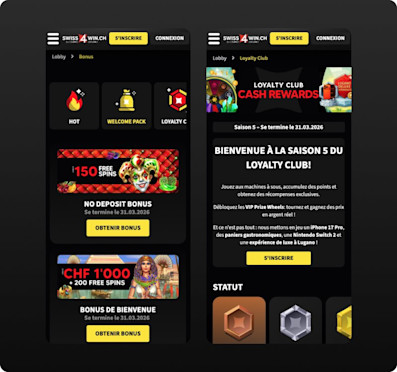 Pages des bonus et du club de fidélité Swiss4Win