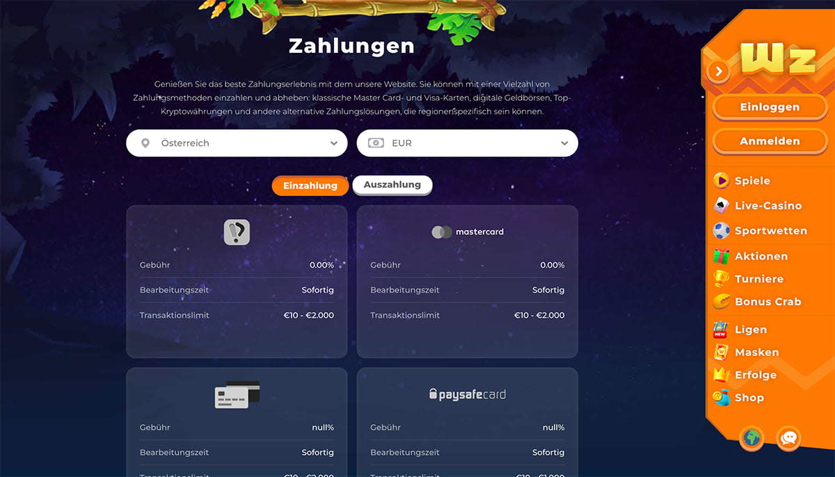 Wazamba Casino Payment Methods
