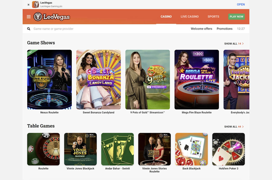 LeoVegas desktop site showcasing the best live dealer and table games to play online