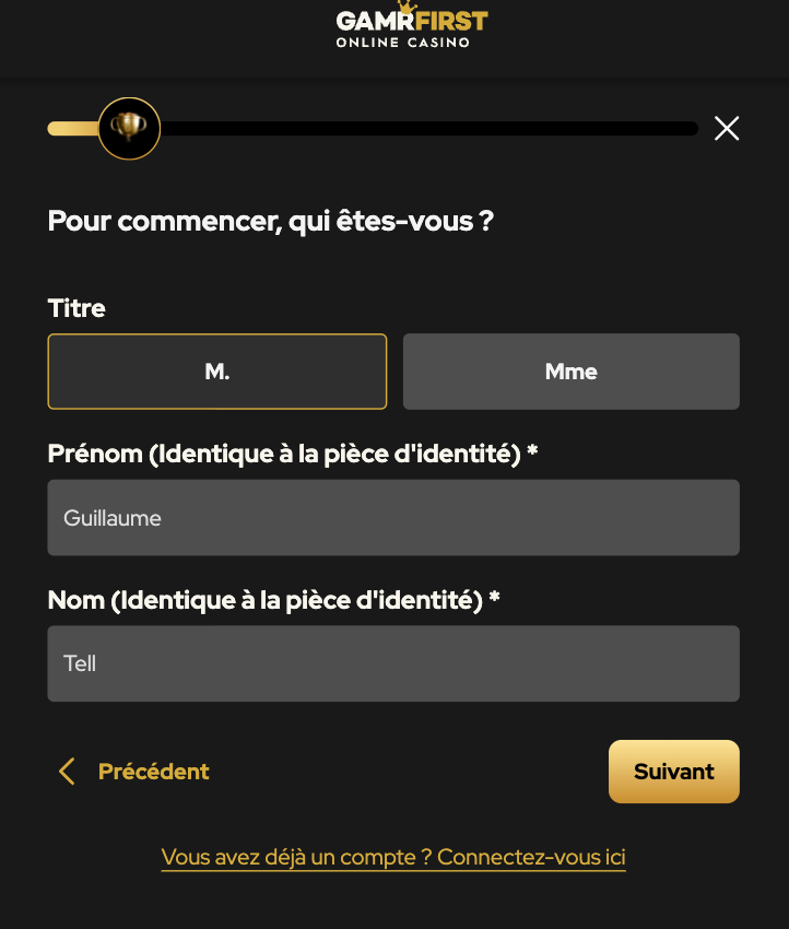 Étape trois pour ouvrir un compte sur GAMRFIRST