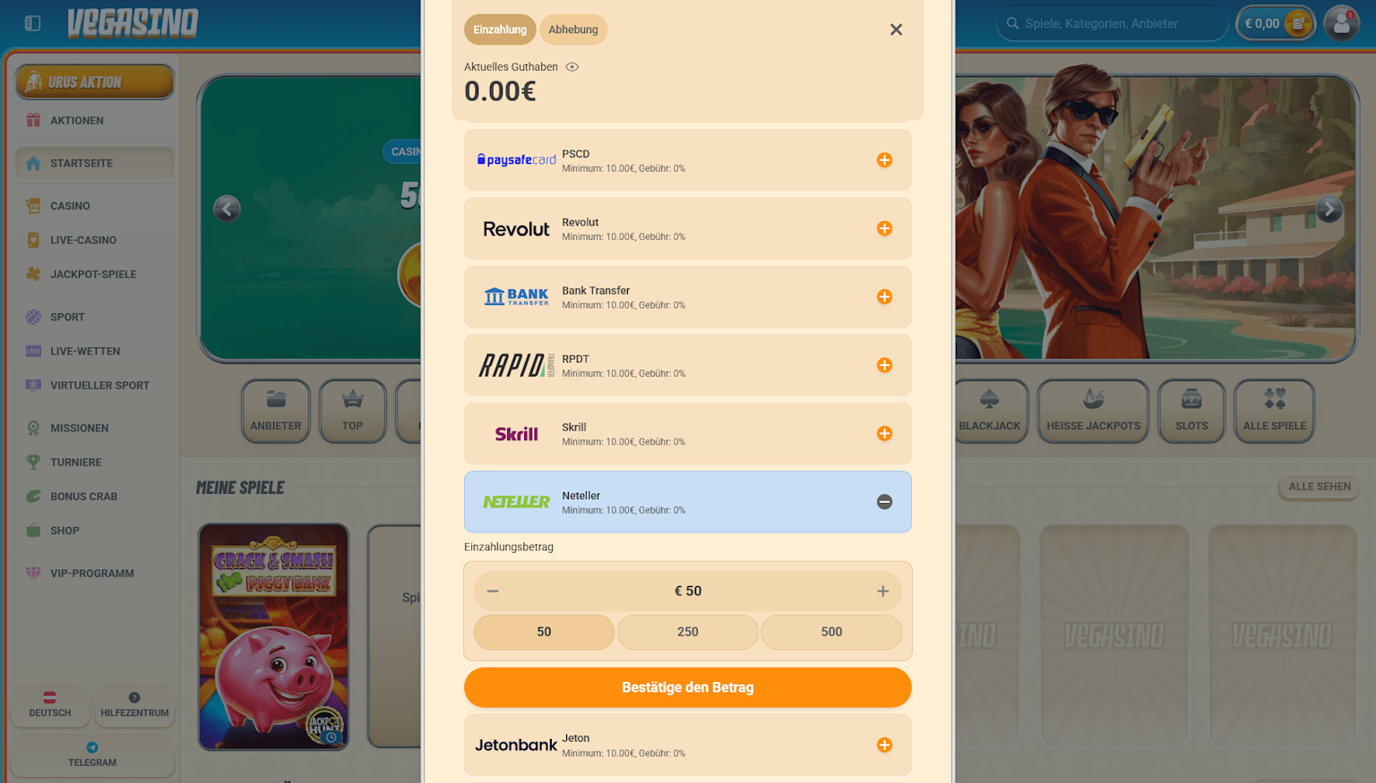 Bei Vegasino mit Neteller einzahlen