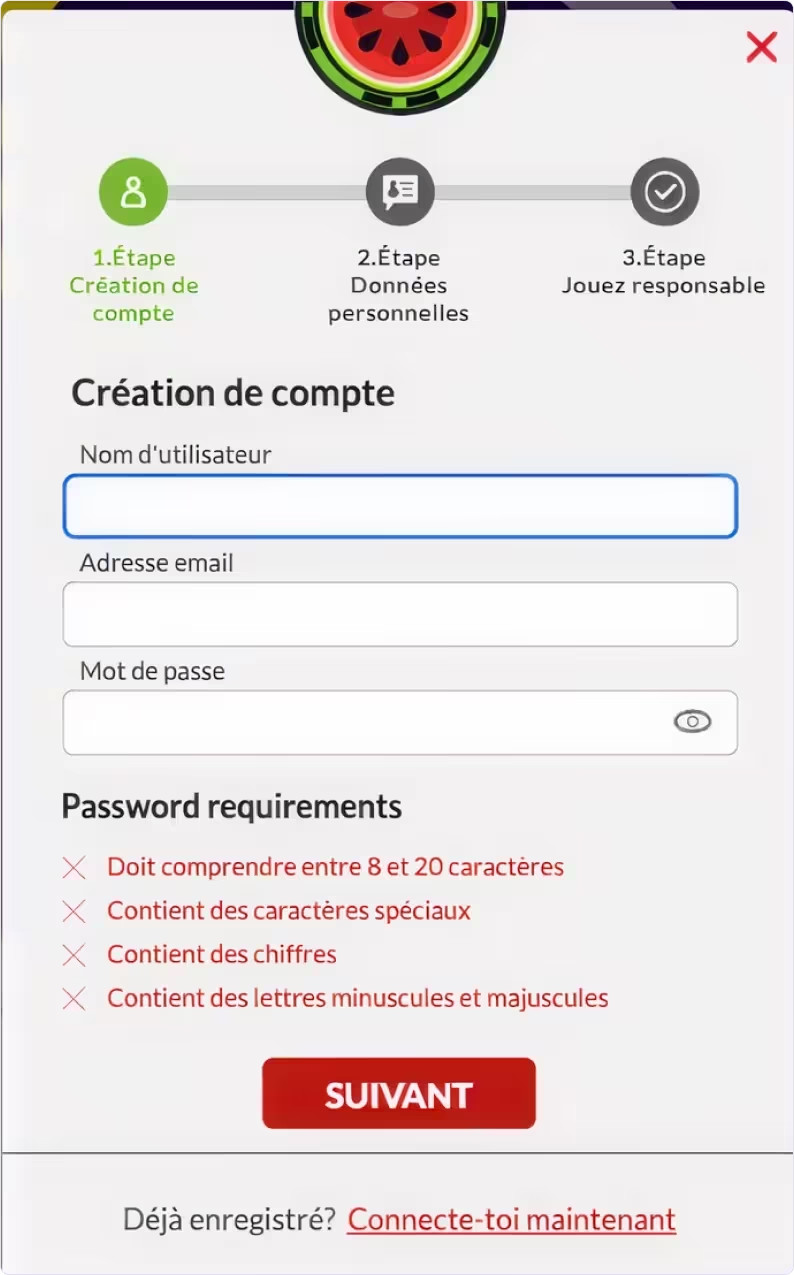 Étape deux pour ouvrir un compte sur 7Melons