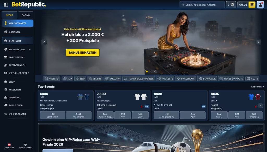 Landingpage des BetRepublic Casinos
