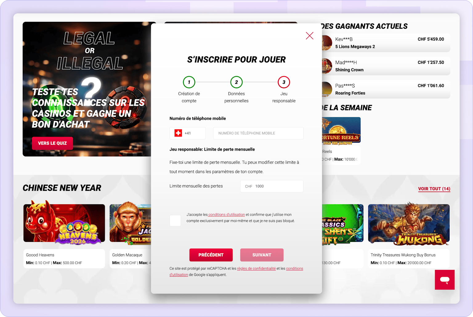 Étape quatre pour ouvrir un compte sur Jackpots.ch