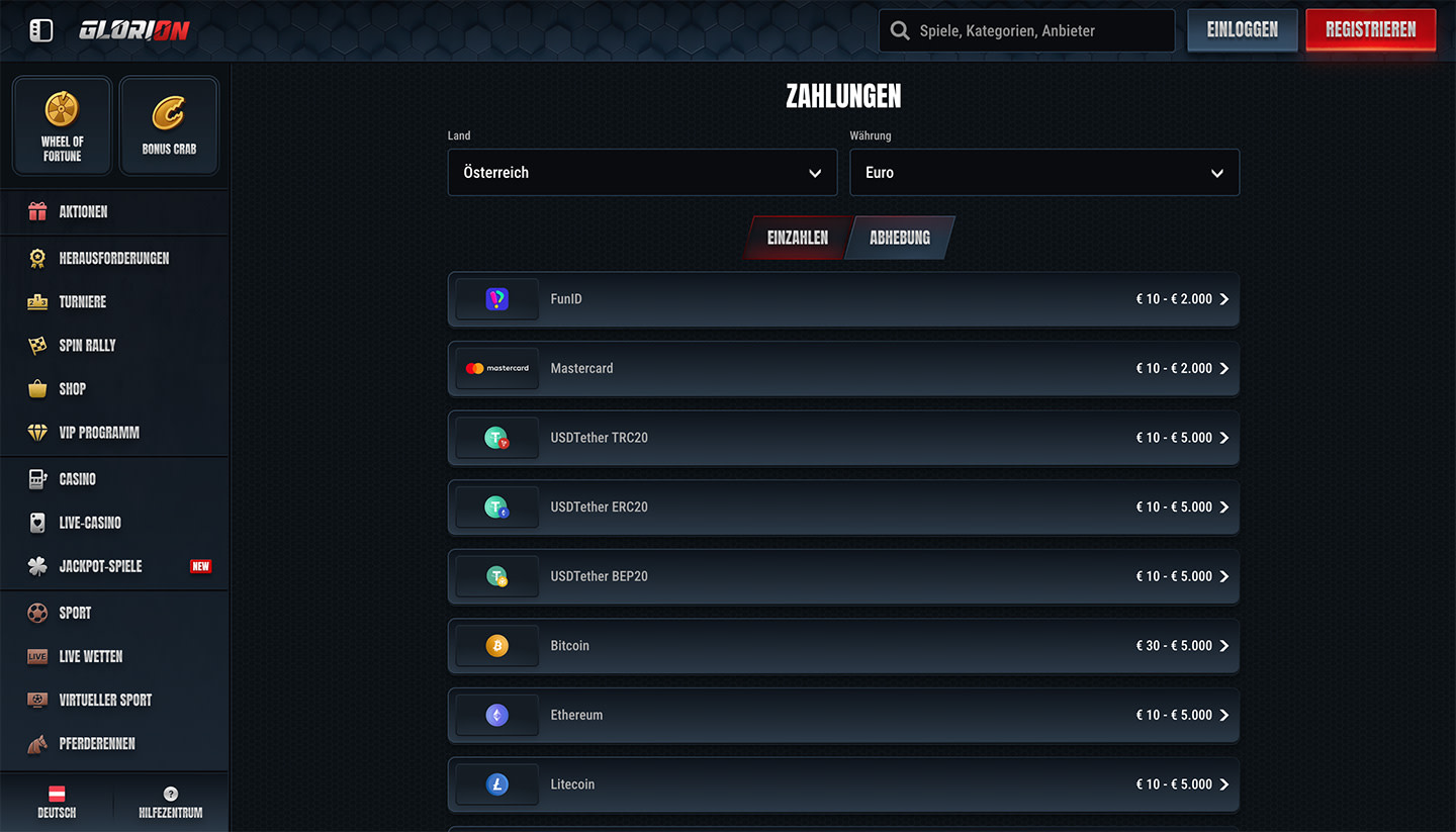 Glorion casino payment methods