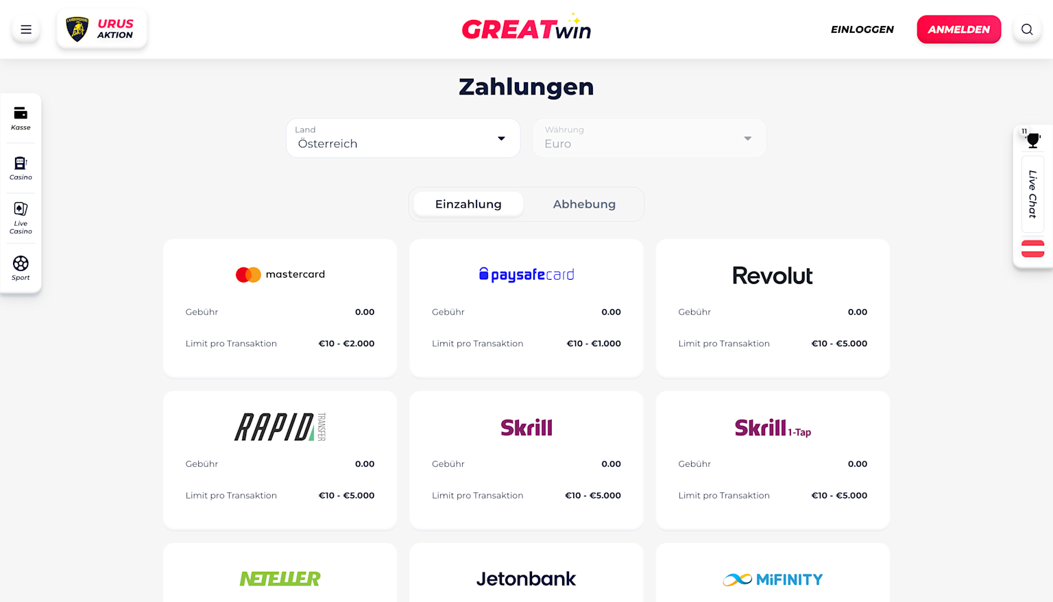 GreatWin Zahlungsmethoden