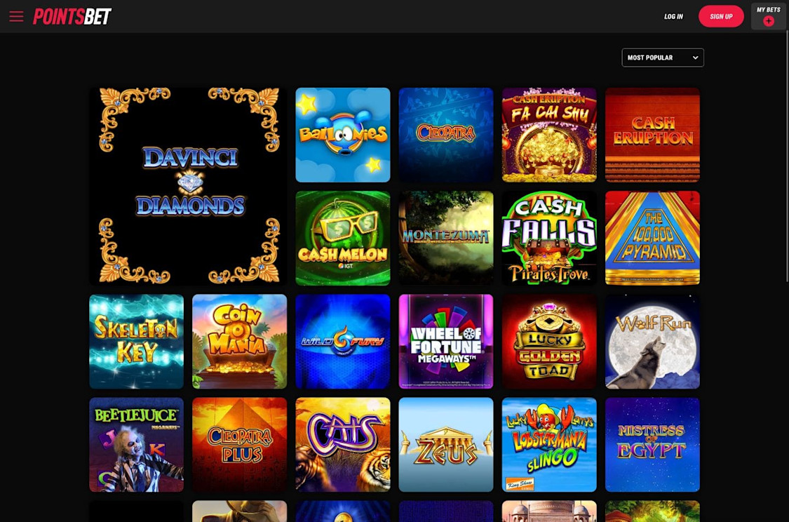 PointsBet Ontario online casino displaying the most popular online slot games to play