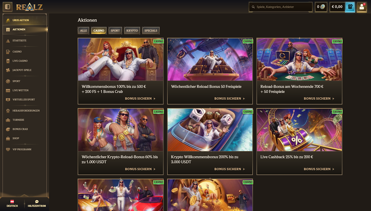 Screenshot of the bonus page at Realz