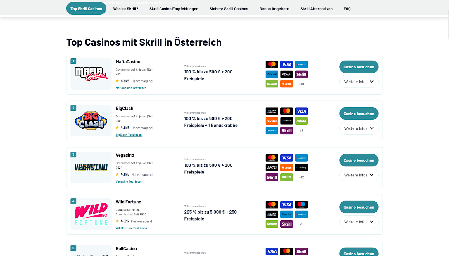 Screenshot of selecting a Skrill casino at onlinecasino.at