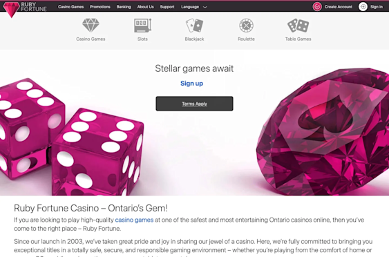 Ruby Fortune Ontario homepage