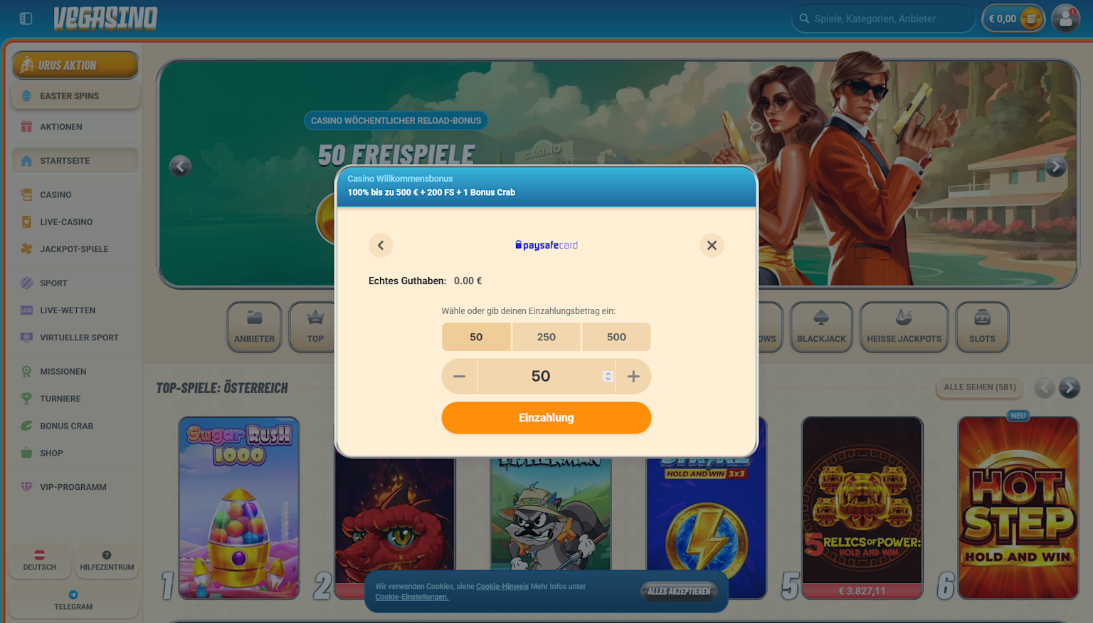 Screenshot of how to Deposit at Vegasino with PaysafeCard