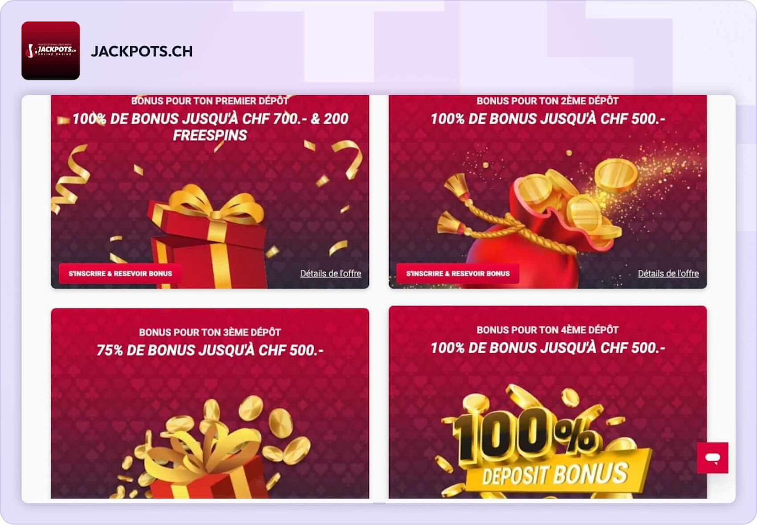 Page principale des bonus du casino Jackpots.ch
