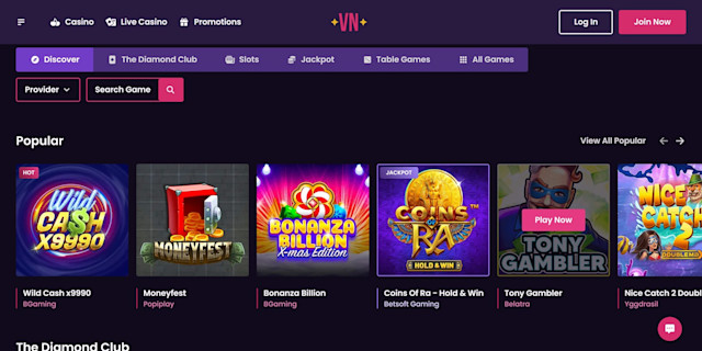 The homepage layout showcasing the popular games available at Vegas Now