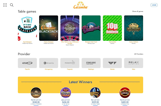 Casimba table games homepage