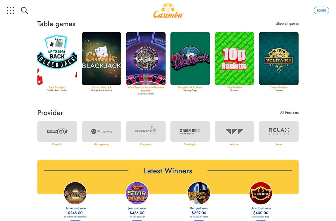 Casimba table games homepage