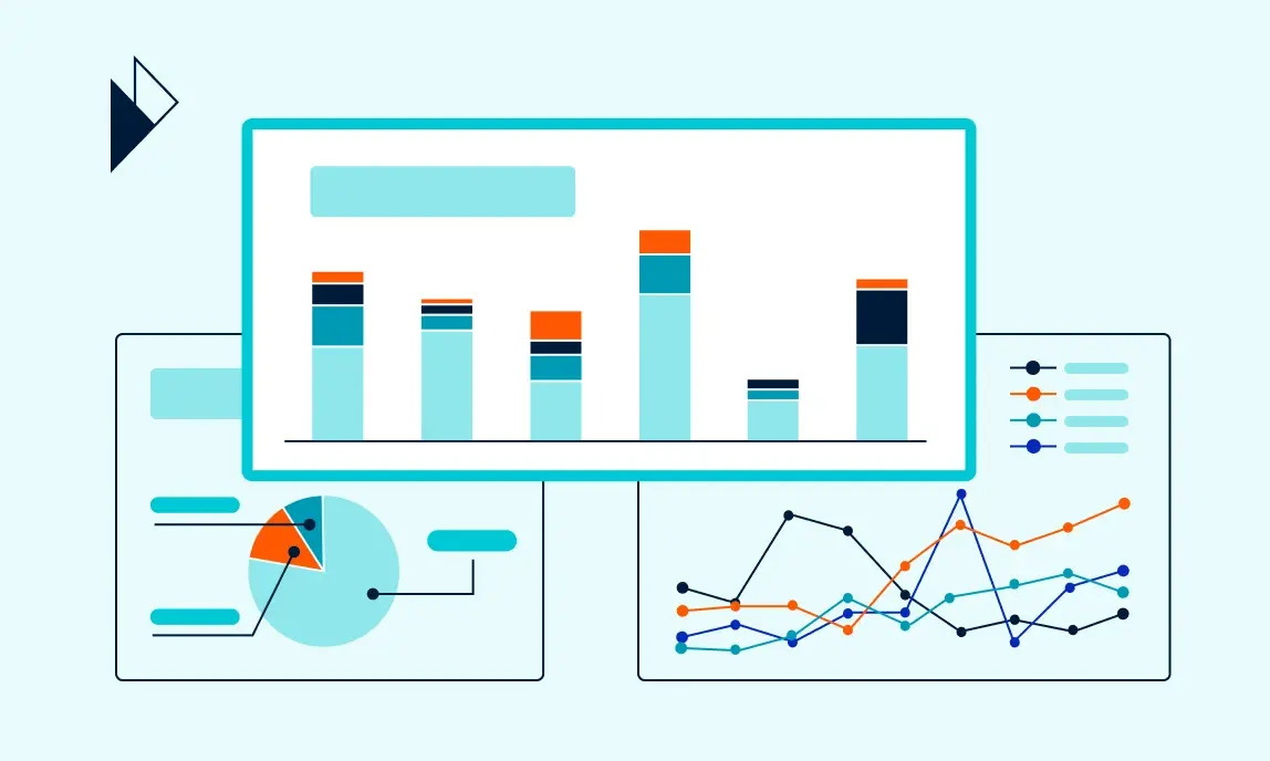 Parcel Perform lets users Analyze logistics tracking data to derive actionable insights. Image is abstract, and depicts a person customizing reports with various charts to get insights that can help improve e-commerce businesses. 