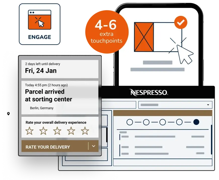 Branded order tracking page mockup of Parcel Perform's customer Nespresso, showing how the ENGAGE module provides brands with 4-6 extra touchpoints for customer engagement.
