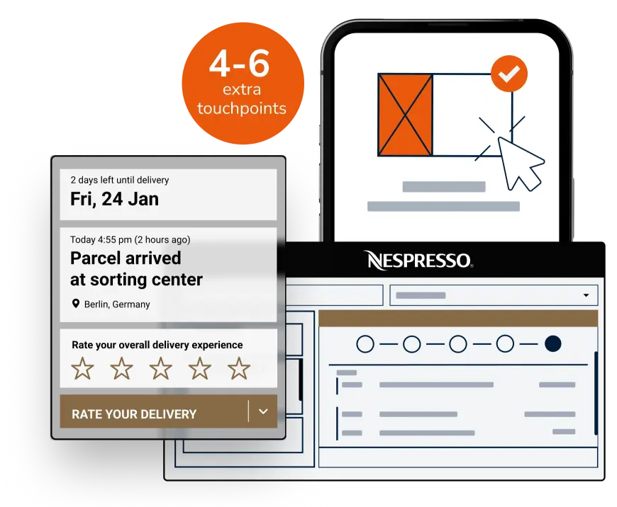 Branded order tracking page mockup of Parcel Perform's customer Nespresso, showing how Parcel Perform provides brands with 4-6 extra touchpoints for customer engagement.