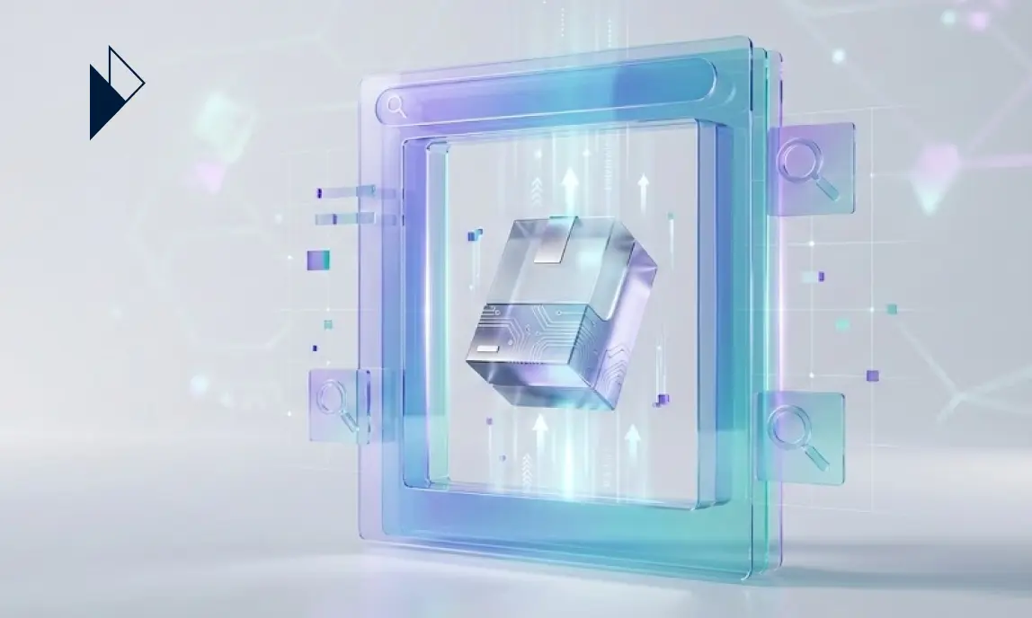 A stylized 3D glass cube with circuit patterns floats inside a glowing frame, surrounded by search icons and arrows.