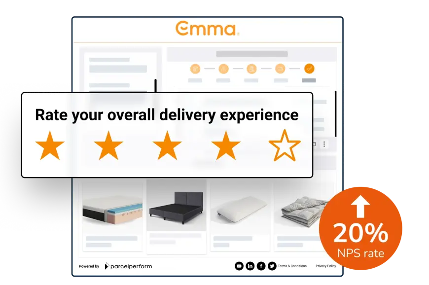 Branded order tracking page mockup of Parcel Perform's customer Emma, to show how customer ratings can increase NPS rate by 20%.