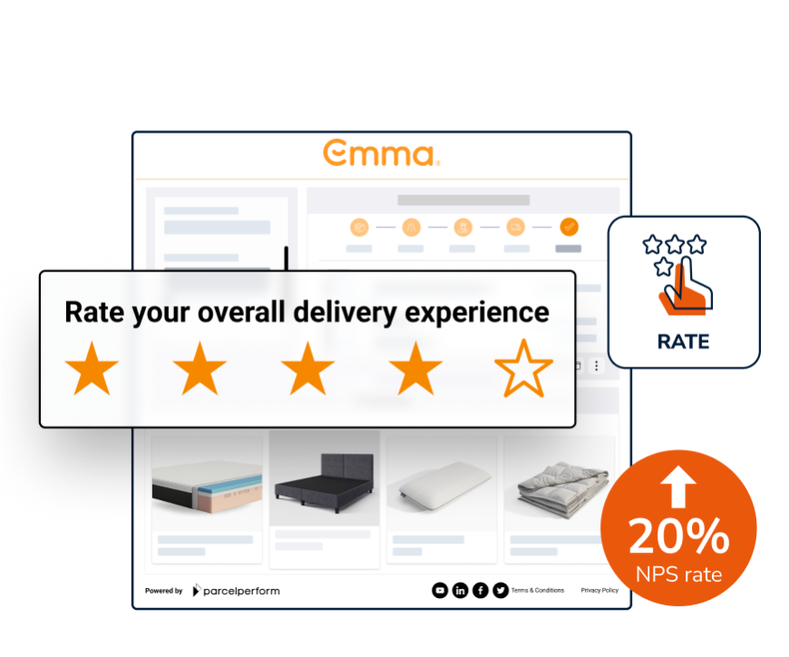 Branded order tracking page mockup of Parcel Perform's customer Emma, to show the RATE module and how to use customer ratings to increase NPS rate by 20%.