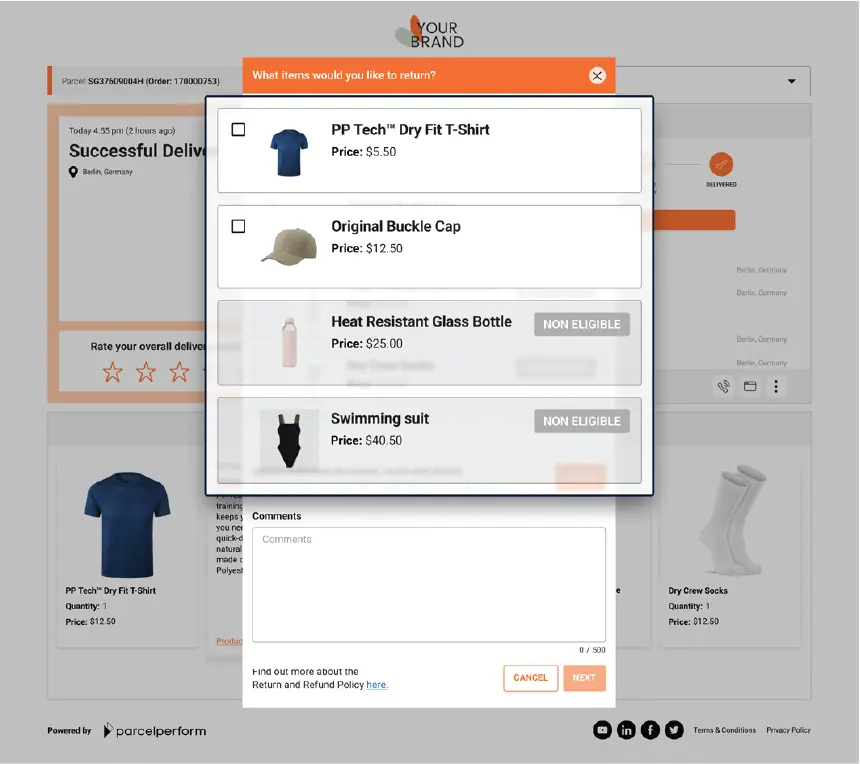 The Returns solution displays items that are eligible for a refund based on your returns policy