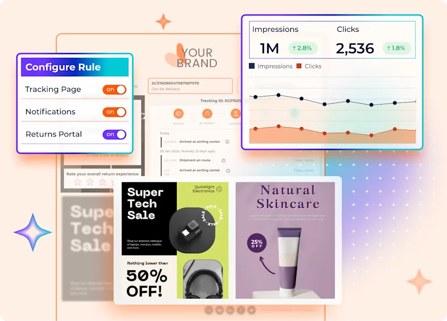 Parcel Perform's customers are using the no-code campaign manager to build a tracking page with upsell images and tracking features