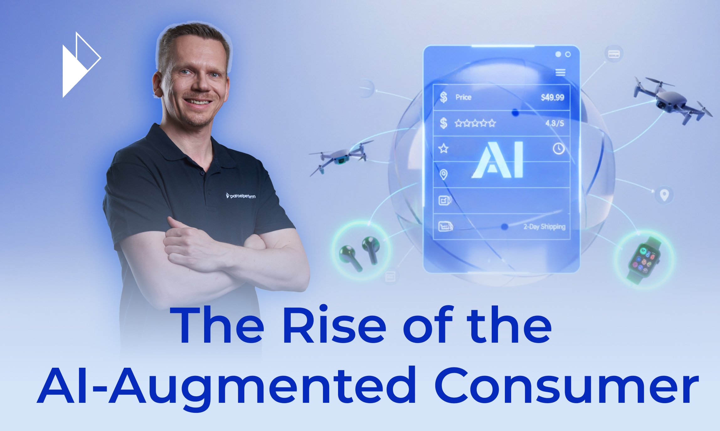 Image Description: A confident man in a dark polo shirt, the article's author, stands next to a graphic depicting AI's central role in e-commerce. A smartphone UI with an "AI" logo is surrounded by products like drones and a smartwatch, symbolizing how AI agents analyze data points like price and shipping to make purchasing decisions for the "AI-Augmented Consumer."
Article Summary: The article argues that consumer purchasing is shifting from human emotion to AI-driven, rational decisions. Businesses must stop marketing and instead focus on "Objective Verifiable Performance"—provable excellence in product, price, delivery, and trust—to appeal to these new AI agents. This requires reallocating resources from advertising to operational improvements.